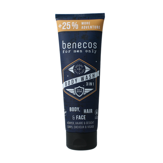 Benecos Natural Beauty Bio men's body, hair, and face wash in 250ml bottle, natural ingredients, gentle cleansing product.