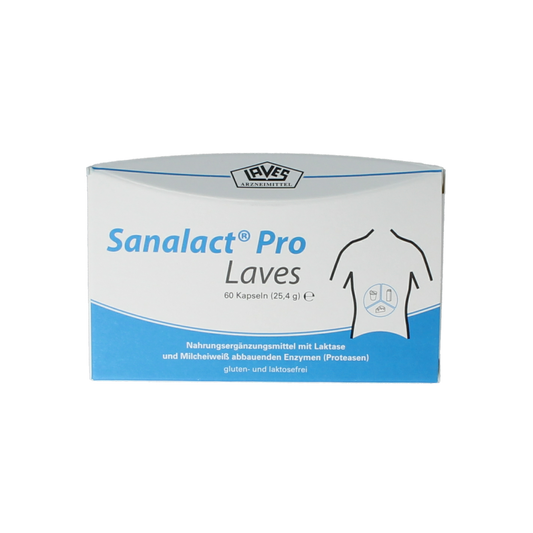 Laves Sanalact Pro 60 capsules of fiber and enzymes supplement, showing the bottle with capsules and label in the image.