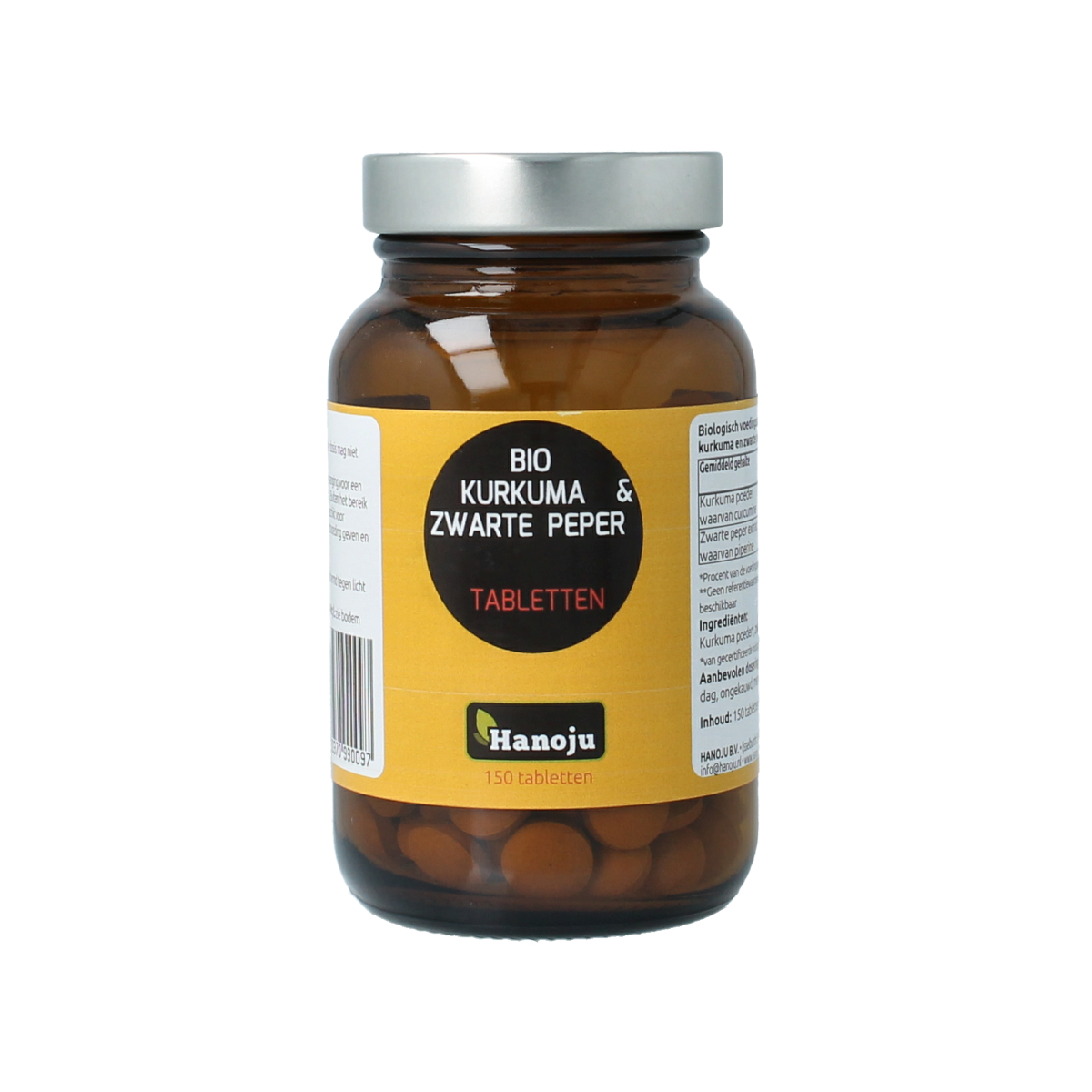 Hanoju Kurkumapoeder + piperine supplement, 500mg bio tablets, herbal remedy for wellness, showing the product packaging and tablets.