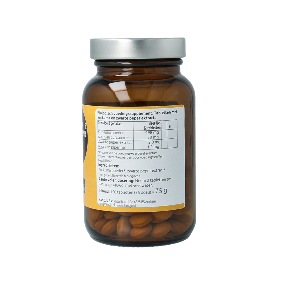 Hanoju Kurkumapoeder + piperine supplement, 500mg bio, 150 tablets, herbal preparation with turmeric and black pepper.
