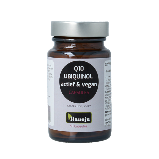 Hanoju Ubiquinol Kaneka Actif vegan vitamin capsules in a transparent bottle with label showing product details.