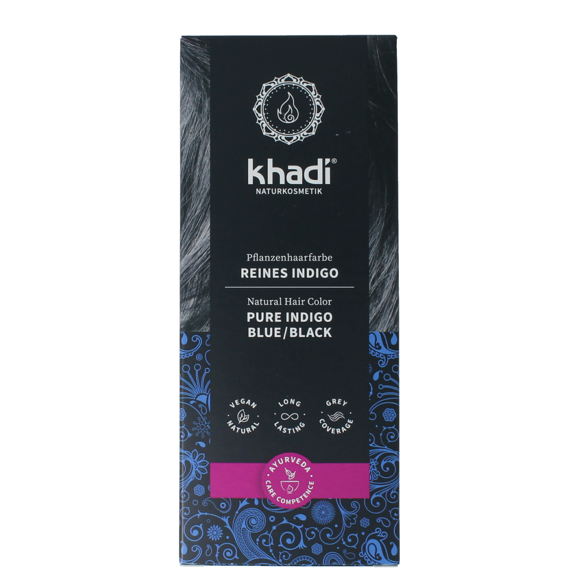 Khadi Haarkleur pure indigo hair dye in 100g pack, natural hair coloring product with indigo leaves and plant-based ingredients