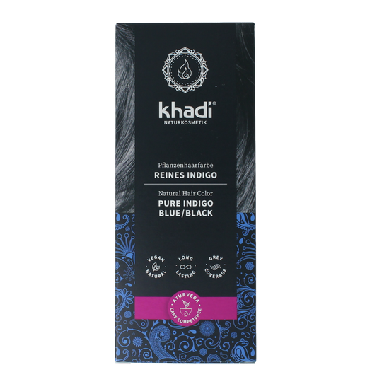Khadi Haarkleur pure indigo hair dye in 100g pack, natural hair coloring product with indigo leaves and plant-based ingredients
