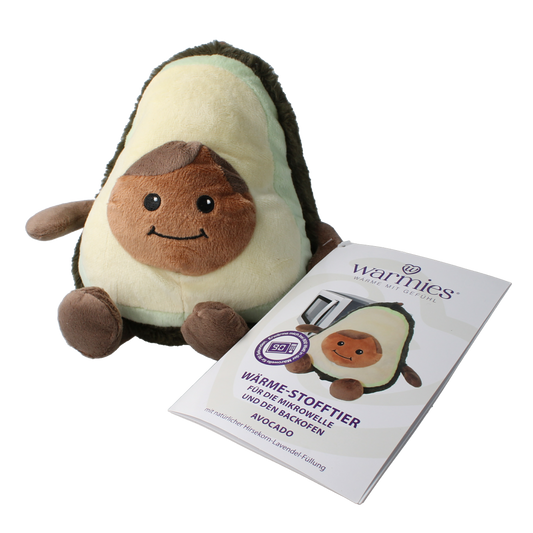 Warmies avocado-shaped heatable kruiken, soft plush cover, designed for soothing warmth and comfort.