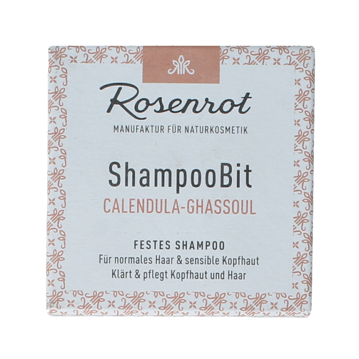 Solid Rosenrot Calendula and Ghassoul Shampoo bar for hair care, shown in a 55g package with natural ingredients.