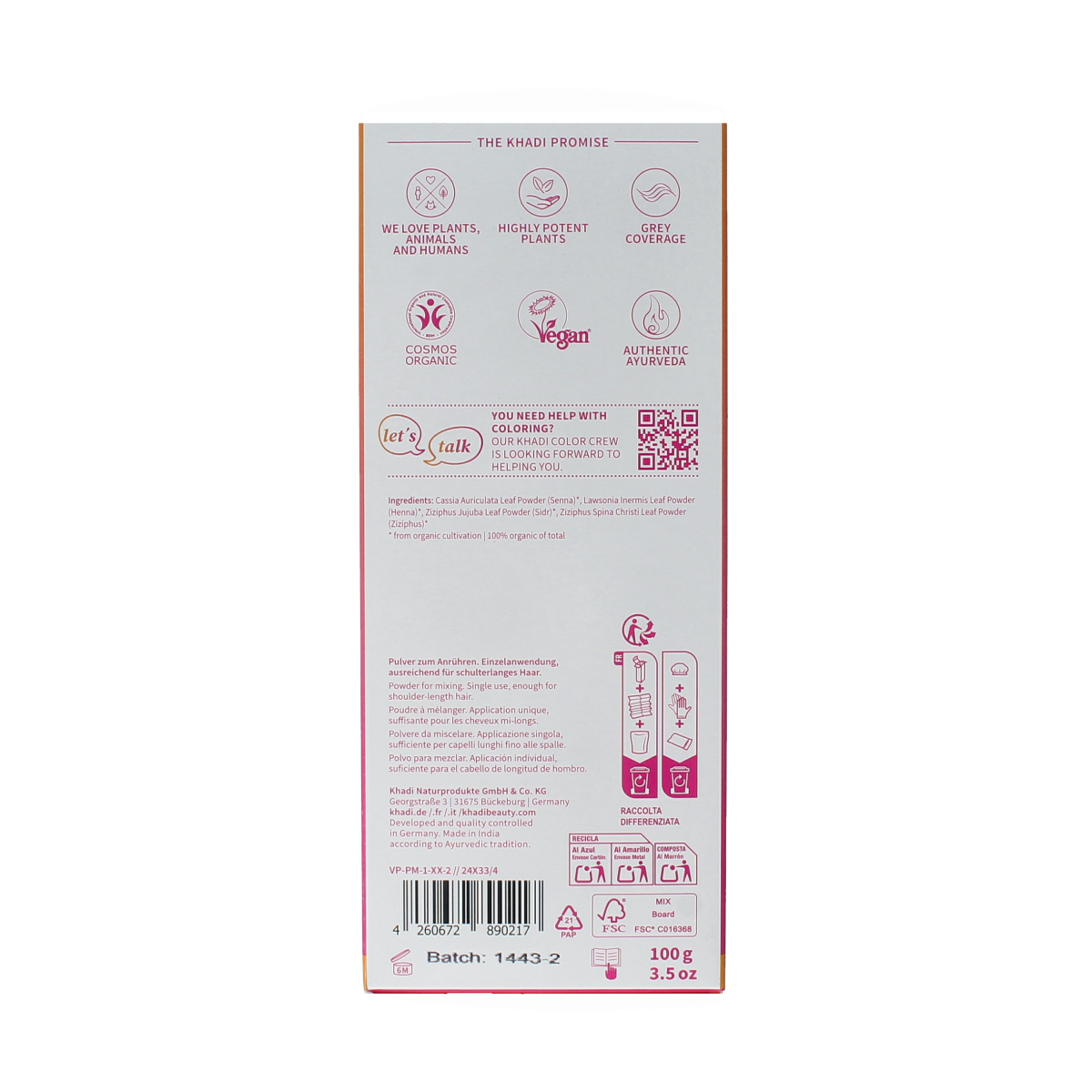 Khadi Color Prep hair coloring product in a 2x50g package, displayed with the packaging and product details.