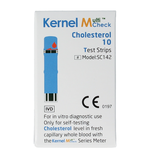 Testjezelf.nu Multicheck cholesterol test strips, 10-pack, showing close-up of the strips with detailed labels and color indicator.