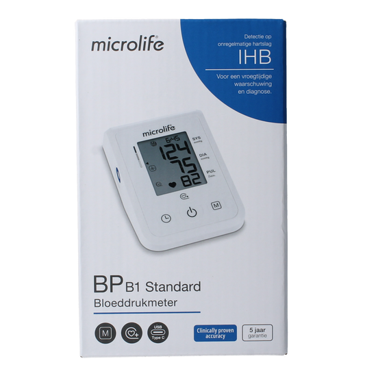 Microlife BPB1 blood pressure monitor with cuff, digital display, and control buttons, used for measuring blood pressure at home.
