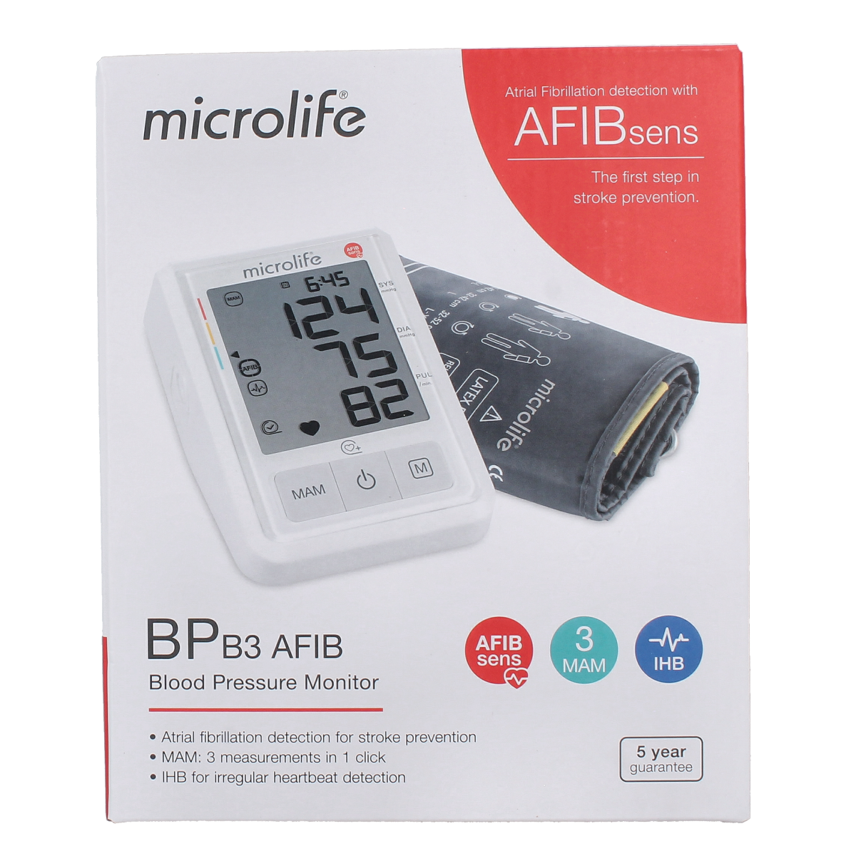 Microlife blood pressure monitor MIC BPB3 AFIB with cuff, shown in close-up, used for measuring blood pressure at home.
