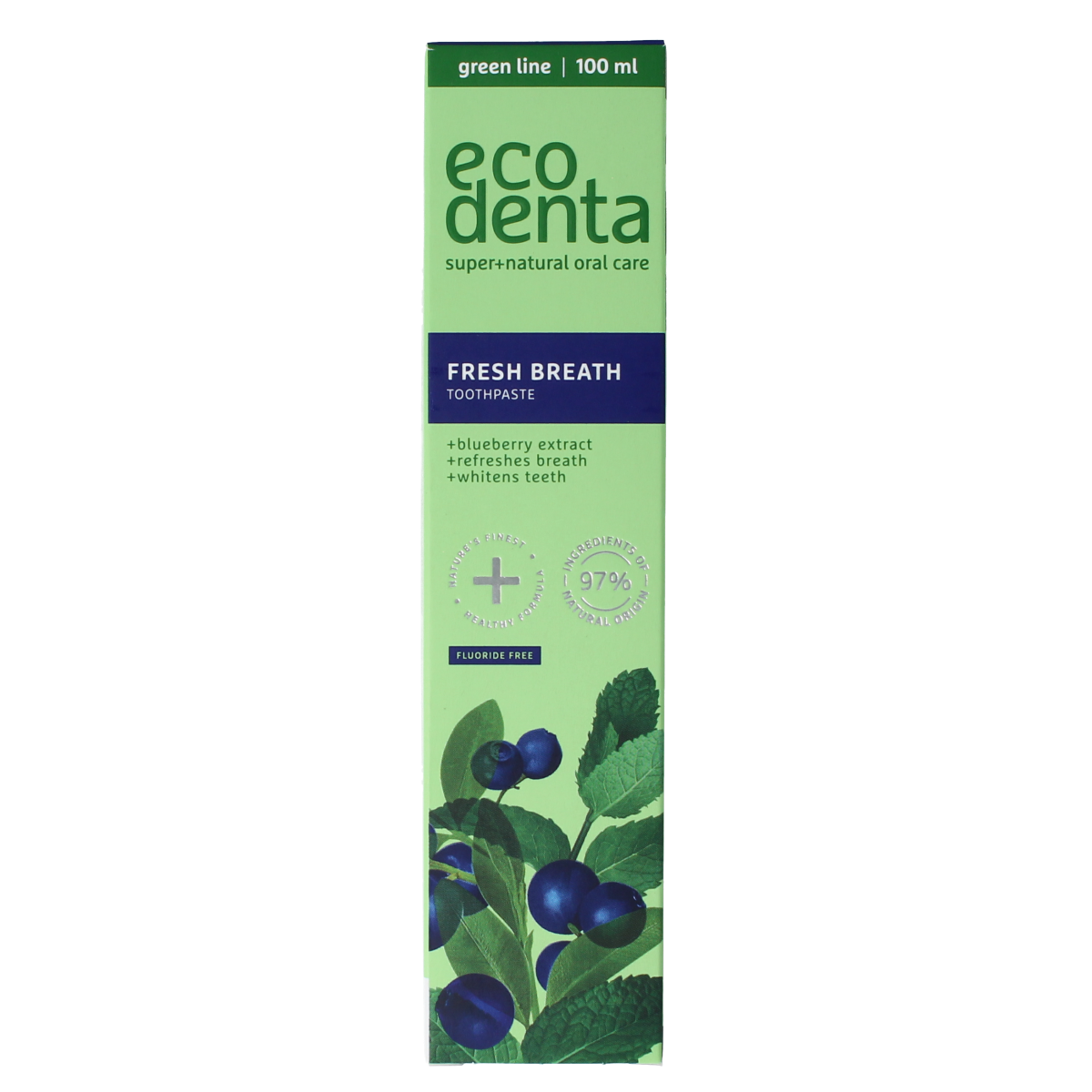 Ecodenta Fresh Breath blueberry toothpaste in green line packaging, 100ml tube with mint and blueberry flavor accents.