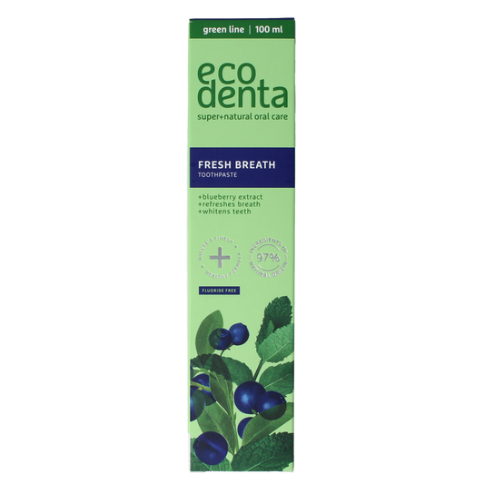 Ecodenta Fresh Breath blueberry toothpaste in green line packaging, 100ml tube with mint and blueberry flavor accents.