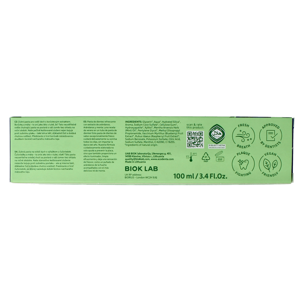 Ecodenta Fresh Breath blueberry toothpaste in a 100ml green line tube, showing the toothpaste and packaging.