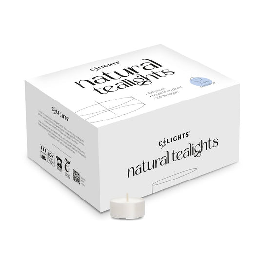 C-lights natural tealight candles, 6-hour burn time, pack of 100, small wax candles with flickering flame effect