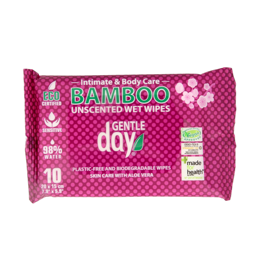 Gentle Day bamboo feminine pads, 10-pack, soft and breathable for women, natural menstrual comfort, product image.