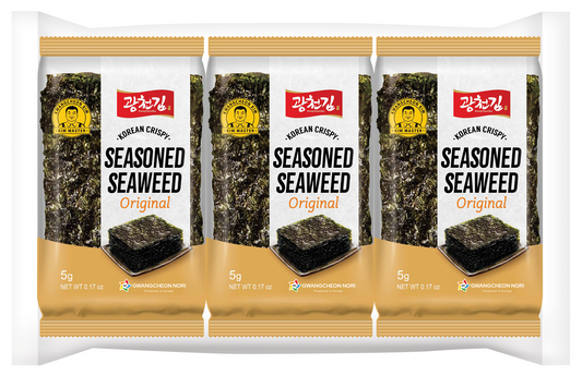 KC Nori Zeewier snack original, 3 packs of 5 grams, crispy seaweed snacks from KC Nori in individual packaging.