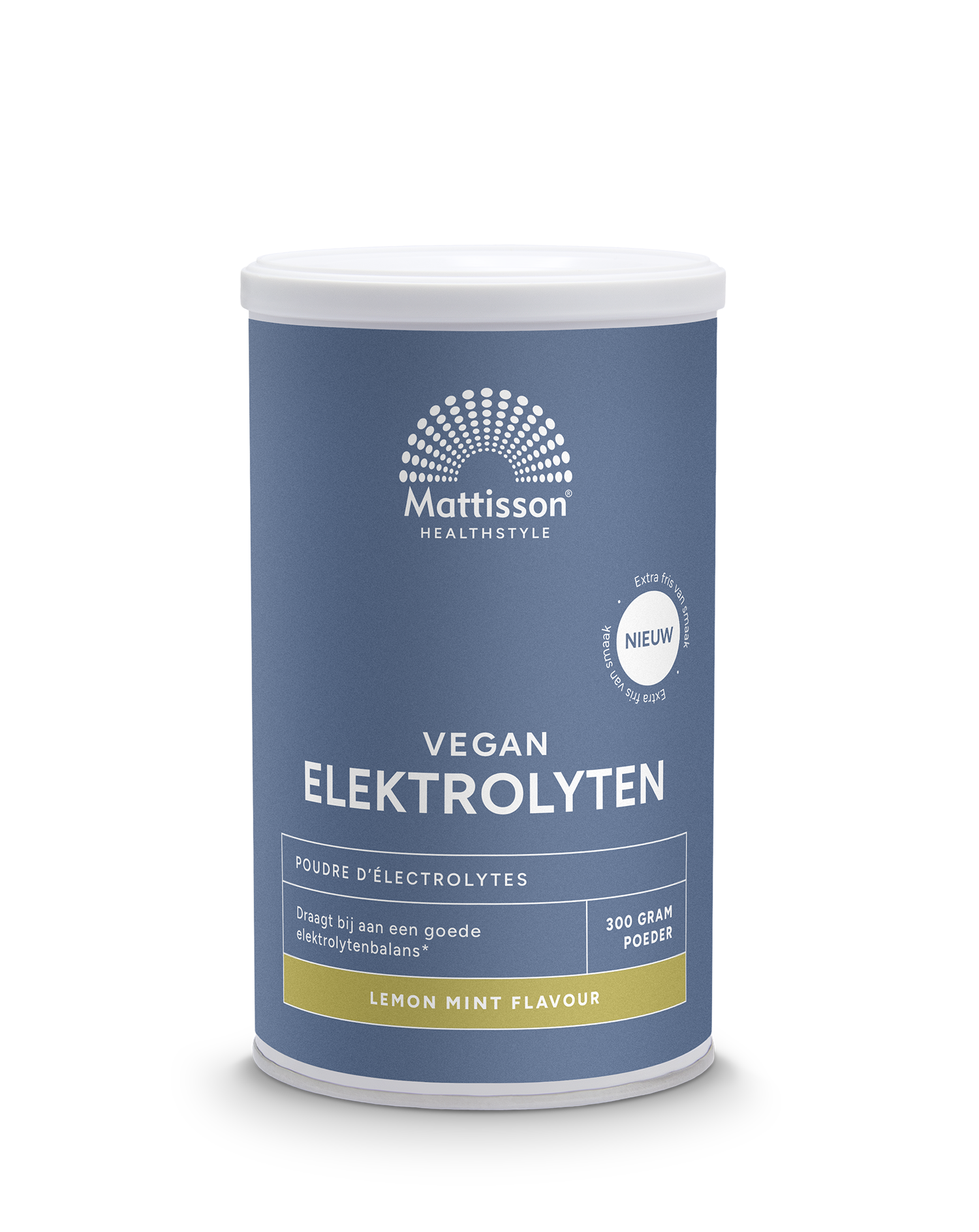 Mattisson Elektrolyten Poeder Lemon Mint sportvoeding powder in a 300g container, with lemon and mint flavor visible.