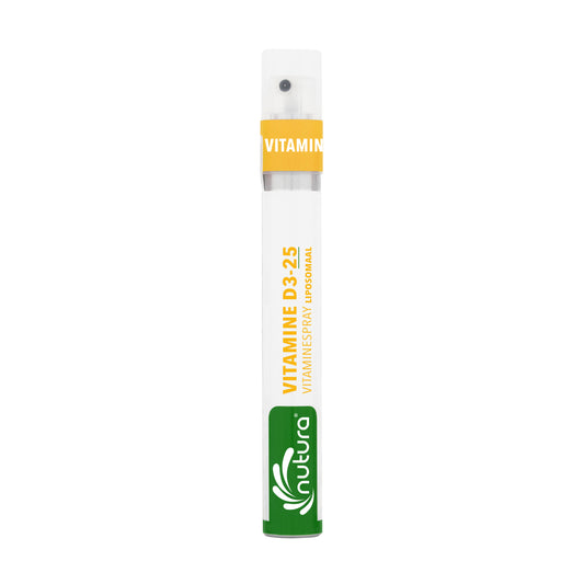 Nutura Vitaminesprays D3 25 Vitamin Spray bottle, 14.4 ml, dietary supplement with vitamin D3 in a compact spray bottle.