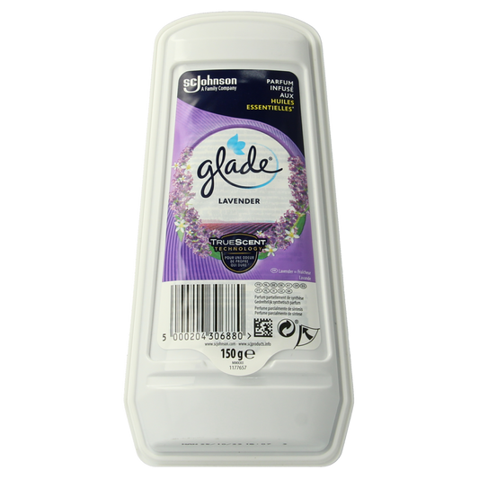 Glade tranquil lavender and aloe gel air freshener for toilets, 150 grams, with a transparent container and lavender scent