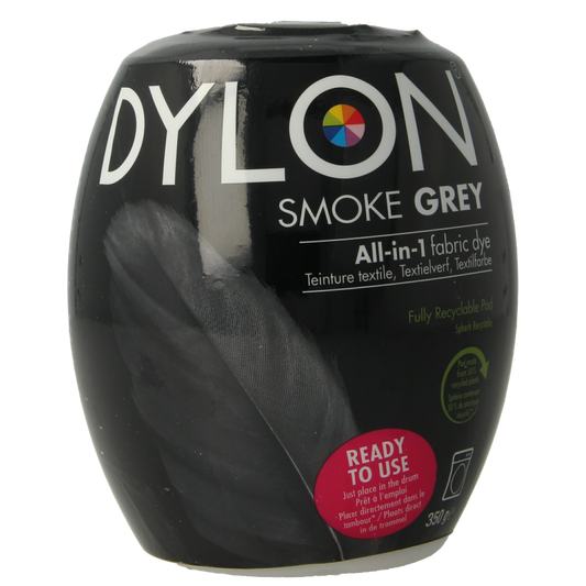 Dylon Smoke Grey textile dye pod, 350 grams, for fabric coloring, shown in a close-up image with packaging and branding.