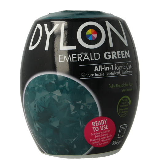 Dylon emerald green textile dye pod, 350 grams, for fabric coloring, with vibrant green color visible in the image.