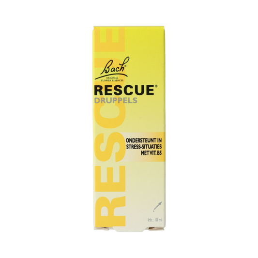 Bach Rescue Druppels zonder alcohol in 10ml bottle, herbal remedy from Bach Rescue brand for stress relief.