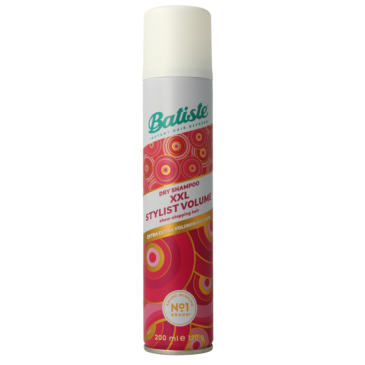 Batiste XXL volume dry shampoo bottle for hair care, 200ml, with purple and white packaging and pump dispenser.