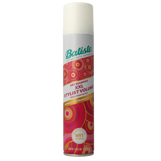 Batiste XXL volume dry shampoo bottle for hair care, 200ml, with purple and white packaging and pump dispenser.