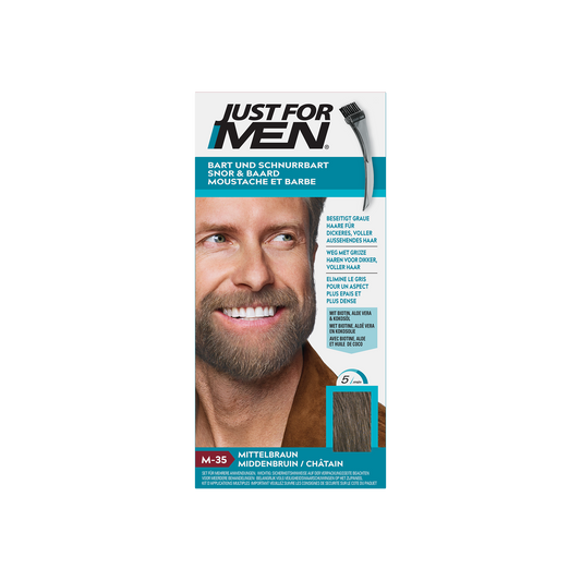 Just For Men Snor & baard middenbruin M35 hair coloring cream in 14g tube, shown with the product packaging and applicator