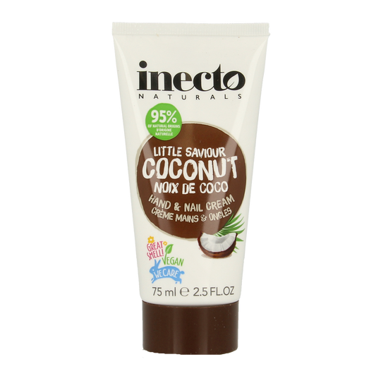 Inecto Naturals Coconut hand and nail cream tube, 75ml, featuring a coconut-themed design for nourishing hand and nail care.