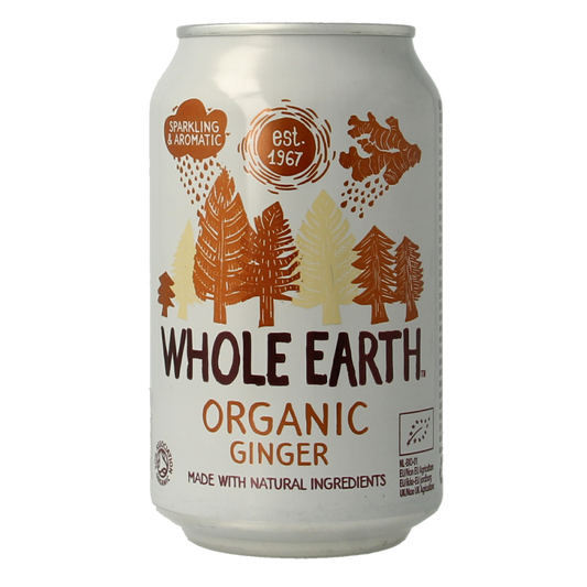 Whole Earth sparkling ginger bio drink in 330ml bottle, showcasing clear glass with bubbly ginger beverage inside.