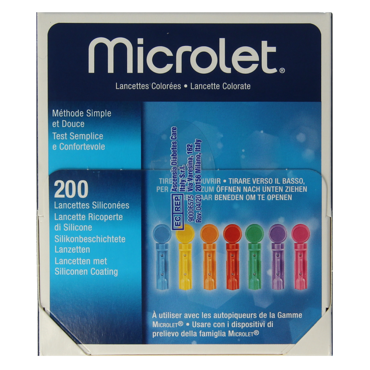 Bayer Microlet lancet in colorful design for blood testing, shown with packaging for lancetten en naalden product.