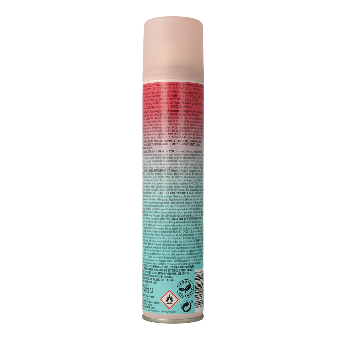 Colab Droogshampoo Paradise 200ml bottle of hair care product with purple and white packaging, featuring brand logo and product details