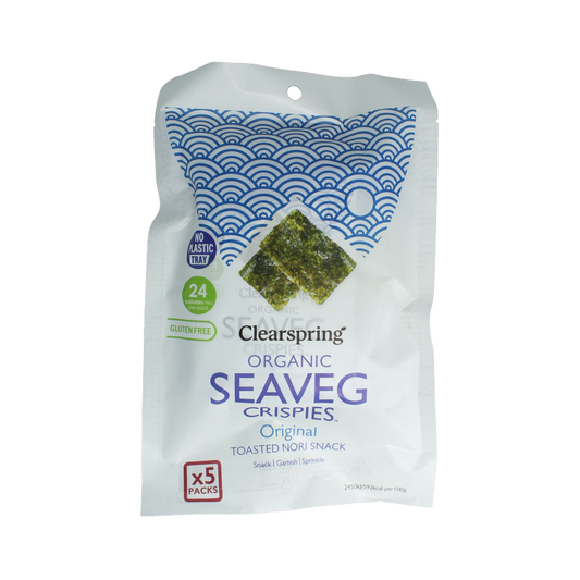 Clearspring Seaveg crispy seaweed chips in original flavor, 20g multipack, organic salt-enriched snack with crunchy texture.