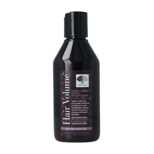New Nordic Hair Volume Conditioner 250ml, moisturizing hair care product with a sleek bottle and label, designed to boost hair fullness.
