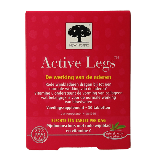 New Nordic Active Legs herbal supplement tablets, natural herbal preparation for leg support, shown in bottle with tablets