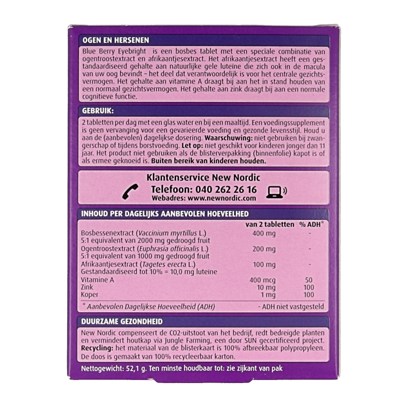 New Nordic Blueberry Eyebright herbal supplement in a bottle of 60 tablets, featuring blue berries and eyebright plant.