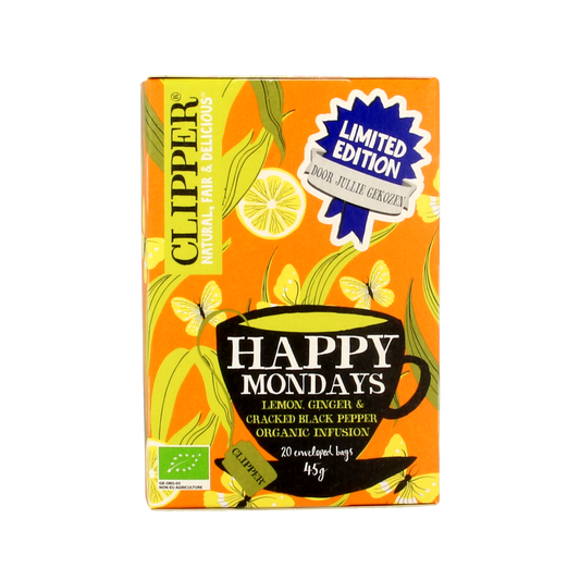 Clipper Thee Happy Mondays organic tea in 45g package, showing the tea leaves and packaging details.