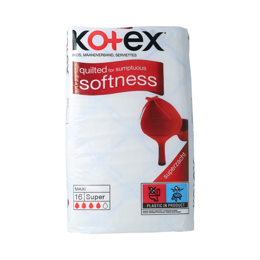 Kotex Maxi super sanitary pads and tampons pack with 16 pieces, feminine hygiene products, in packaging.