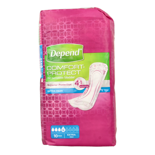 Depend Extra 4-in-1 incontinentie inleggers, 10 pack, designed for absorbency and comfort in discreet packaging.