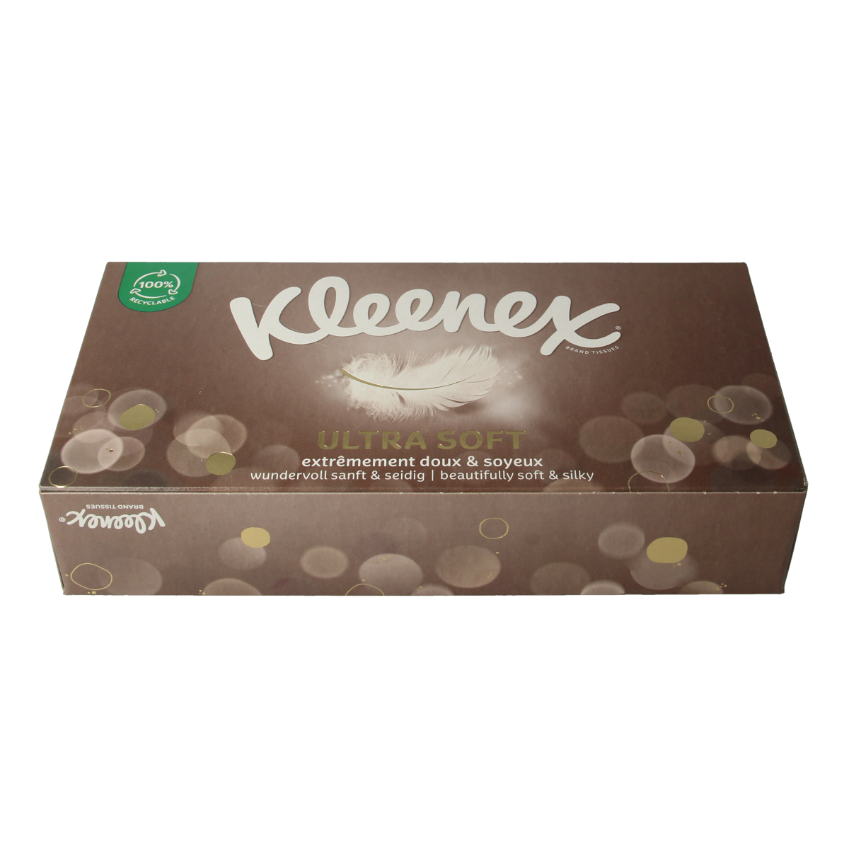 Kleenex Ultrasoft Tissues in a pack of 64, soft facial tissues from Kleenex, with white tissues visible in the image.