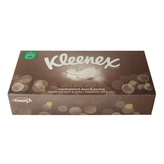 Kleenex Ultrasoft Tissues in a pack of 64, soft facial tissues from Kleenex, with white tissues visible in the image.