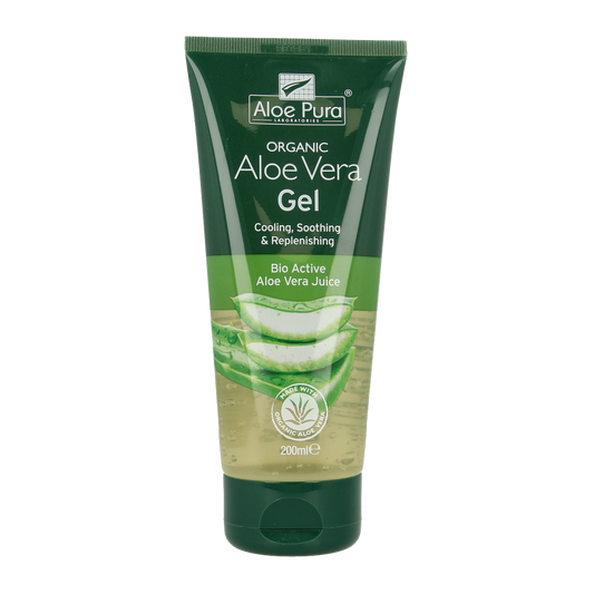 Optima Aloe Pura organic aloe vera gel in 200ml bottle, natural body care product for soothing and moisturizing skin.