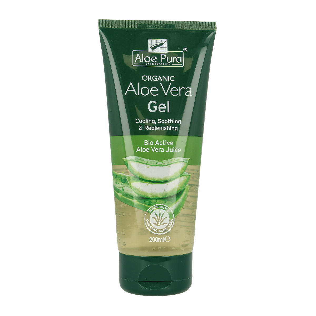 Optima Aloe Pura organic aloe vera gel 200ml, natural body care product with clear gel in a white tube.