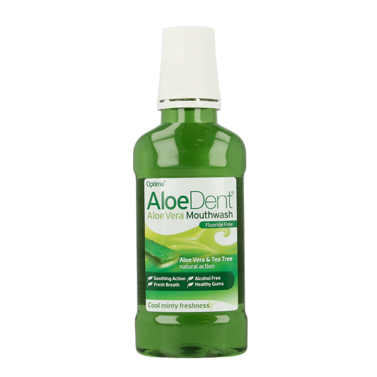 Optima Aloe Dent aloe vera mouthwash in a 250ml bottle with a white cap, showcasing the product label and branding.
