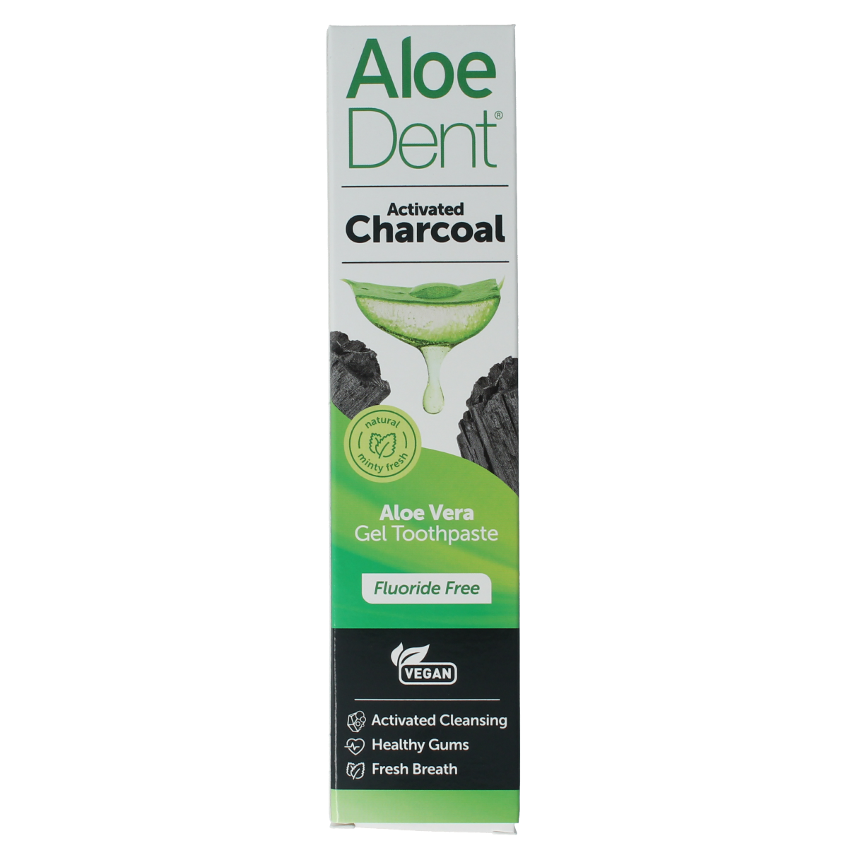 Aloe Dent charcoal toothpaste tube with black and white packaging, 100ml size, displaying the Aloe Dent logo and product details.