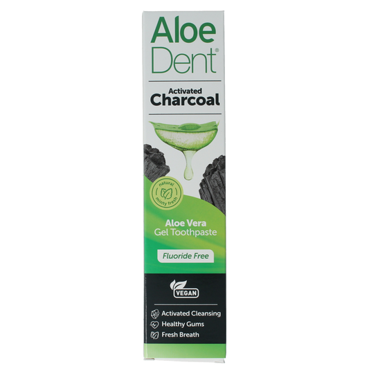 Aloe Dent charcoal toothpaste tube with black and white packaging, 100ml size, displaying the Aloe Dent logo and product details.