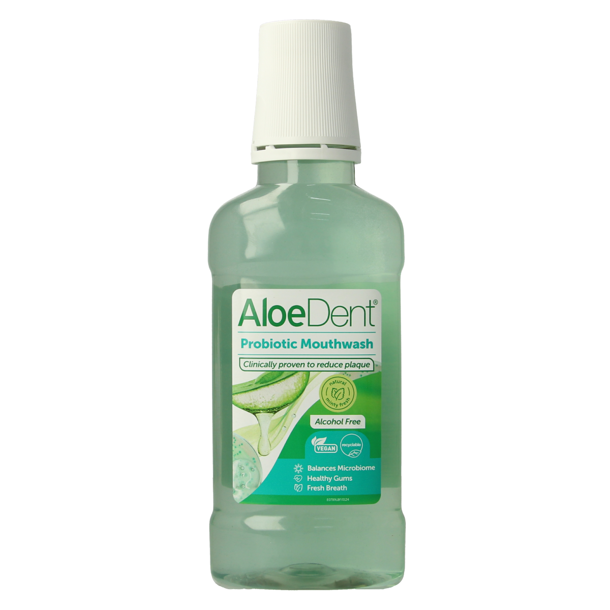 Aloe Dent probiotic mouthwash in a 250ml bottle, showing the label and cap, designed for oral hygiene and freshening breath.