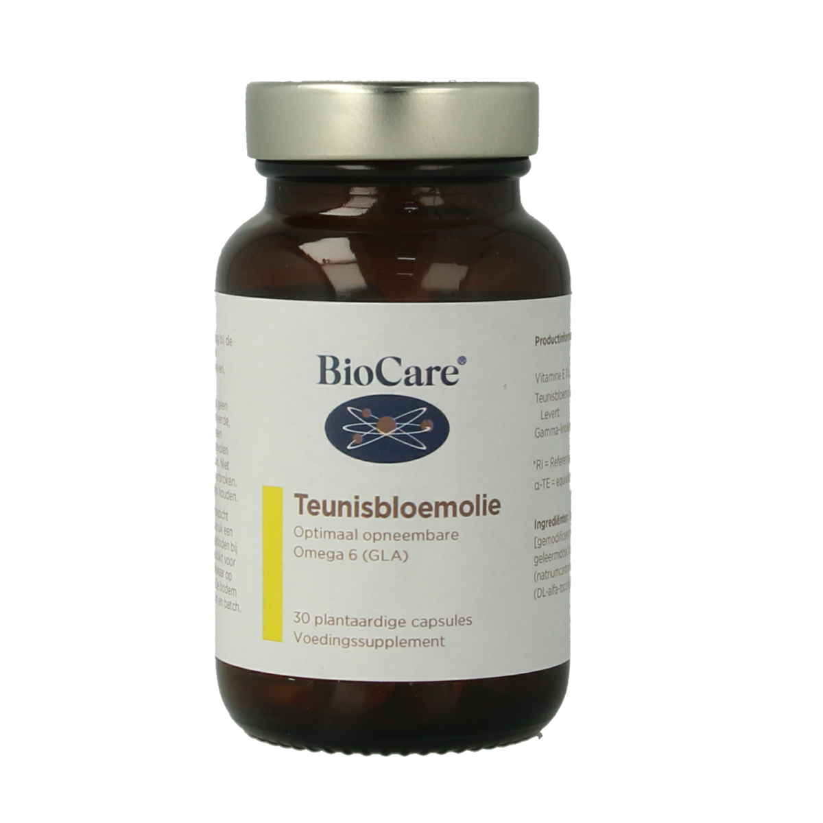 BioCare Teunisbloemolie capsules, vegan omega fatty acids supplement, shown in a clear bottle with capsules inside.