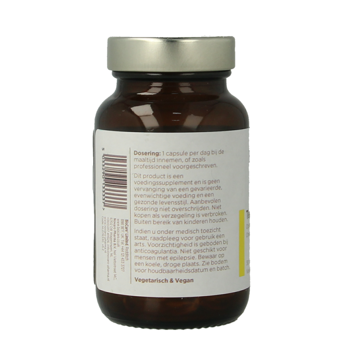 BioCare Teunisbloemolie capsules, dietary supplement with omega fatty acids, displayed in a clear bottle on a white background.