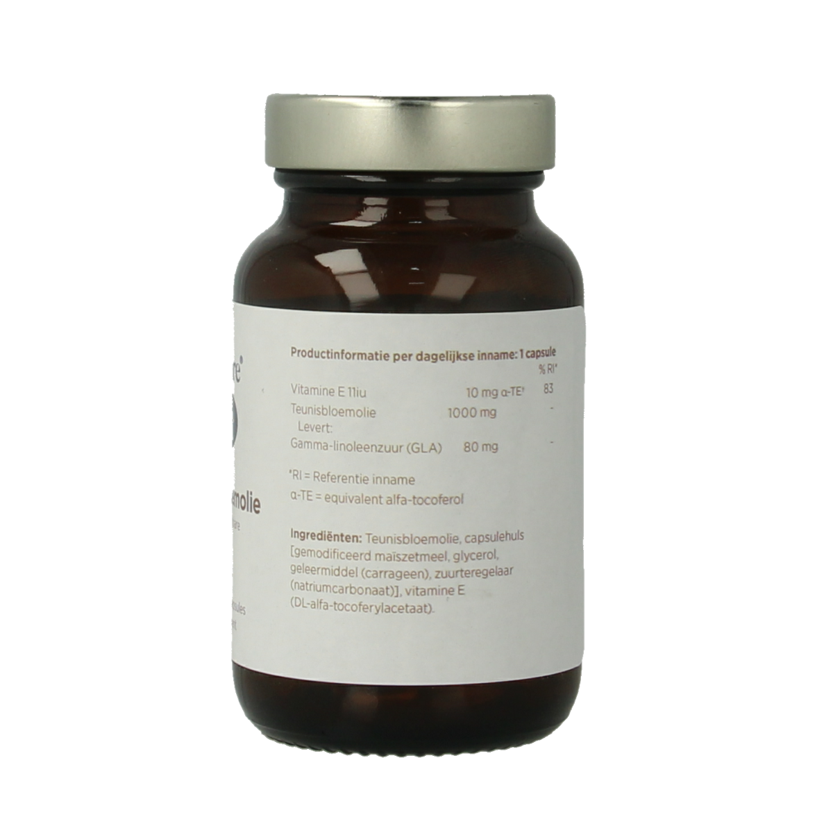 BioCare Teunisbloemolie capsules, dietary supplement rich in essential fatty acids, shown in a clear bottle with capsules inside.
